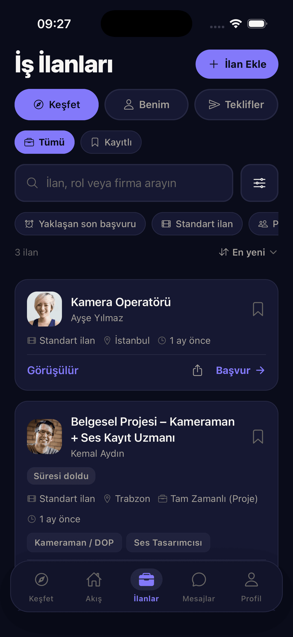 OnSet uygulamasında dizi ve film iş ilanları listesi