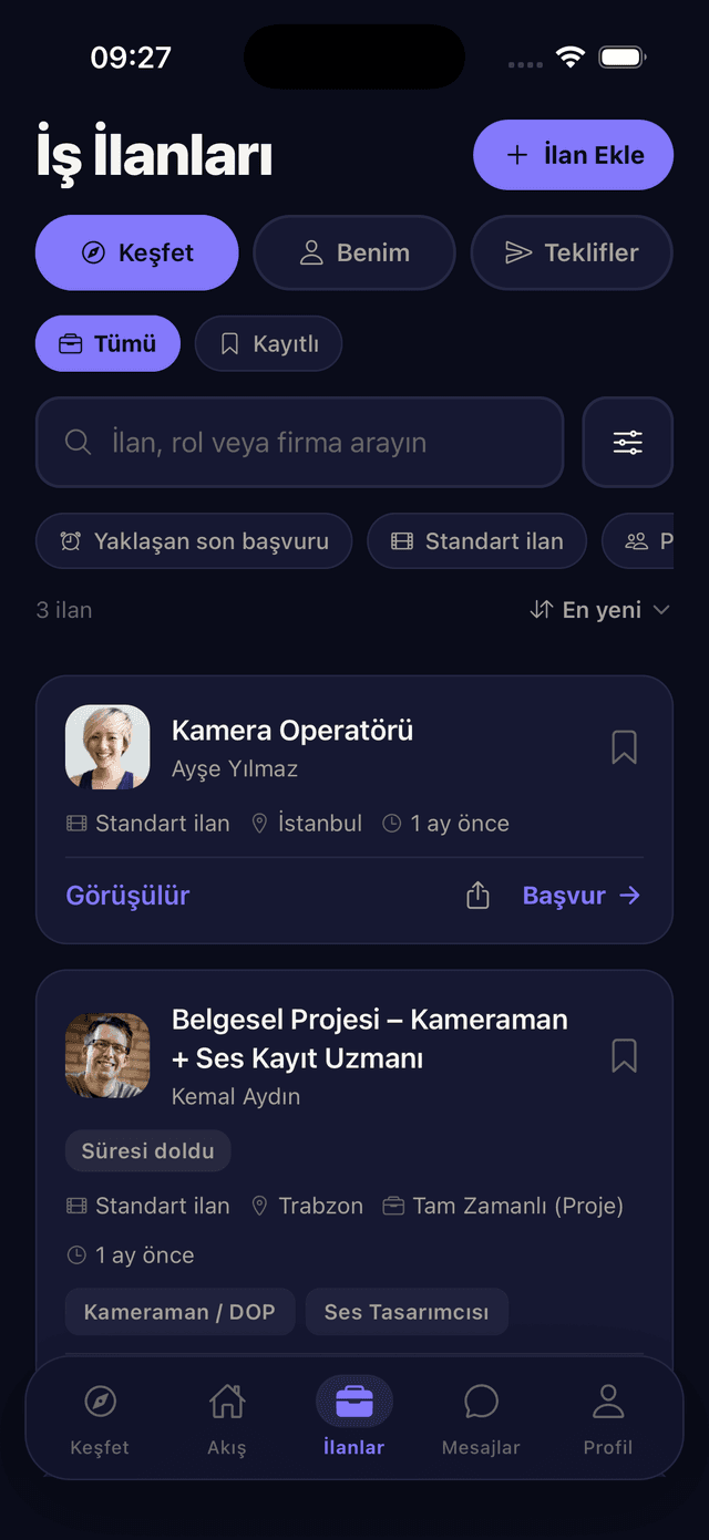 OnSet uygulamasında dizi ve film iş ilanları listesi